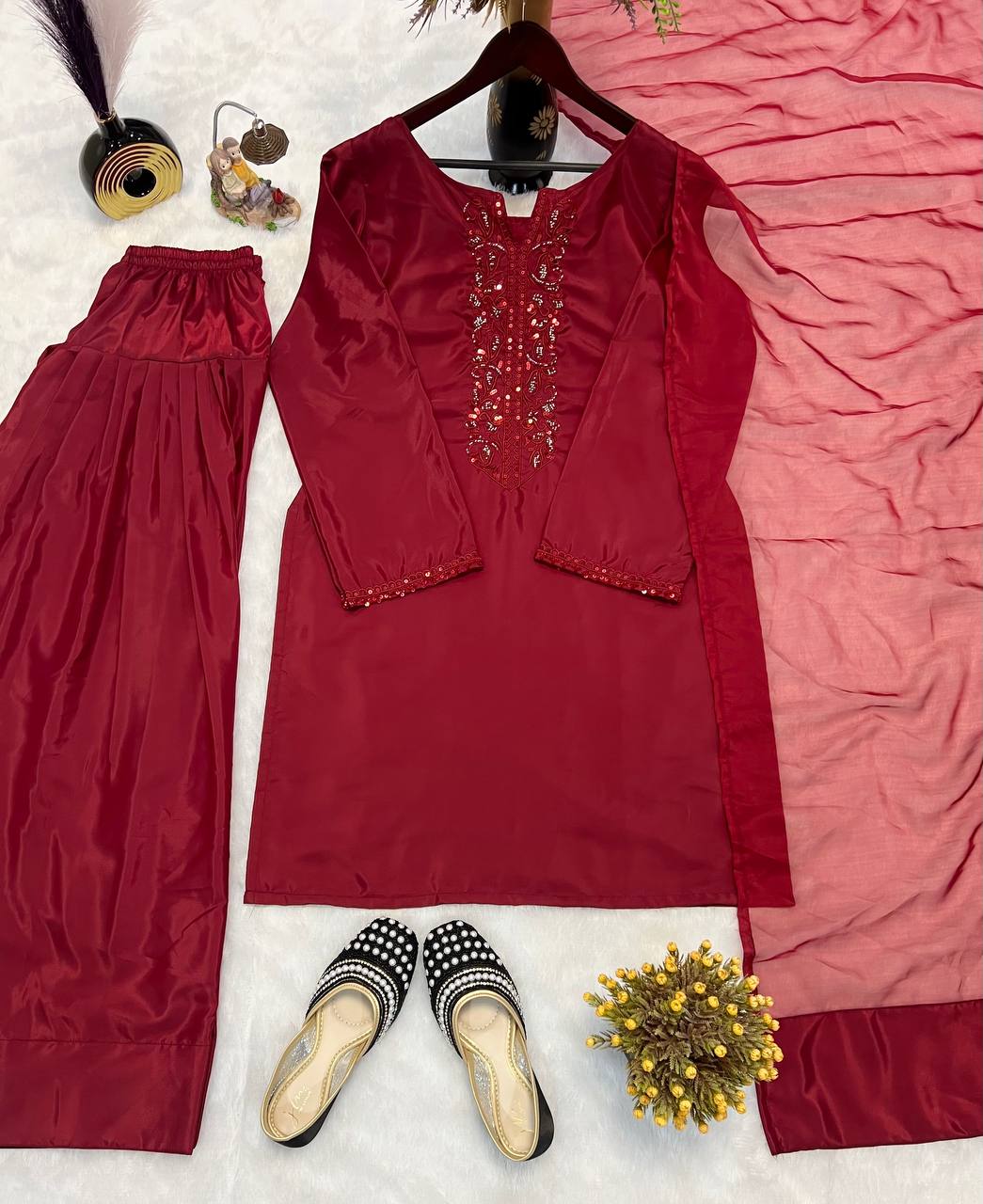 Editorial Deep Red Silk Co-ord